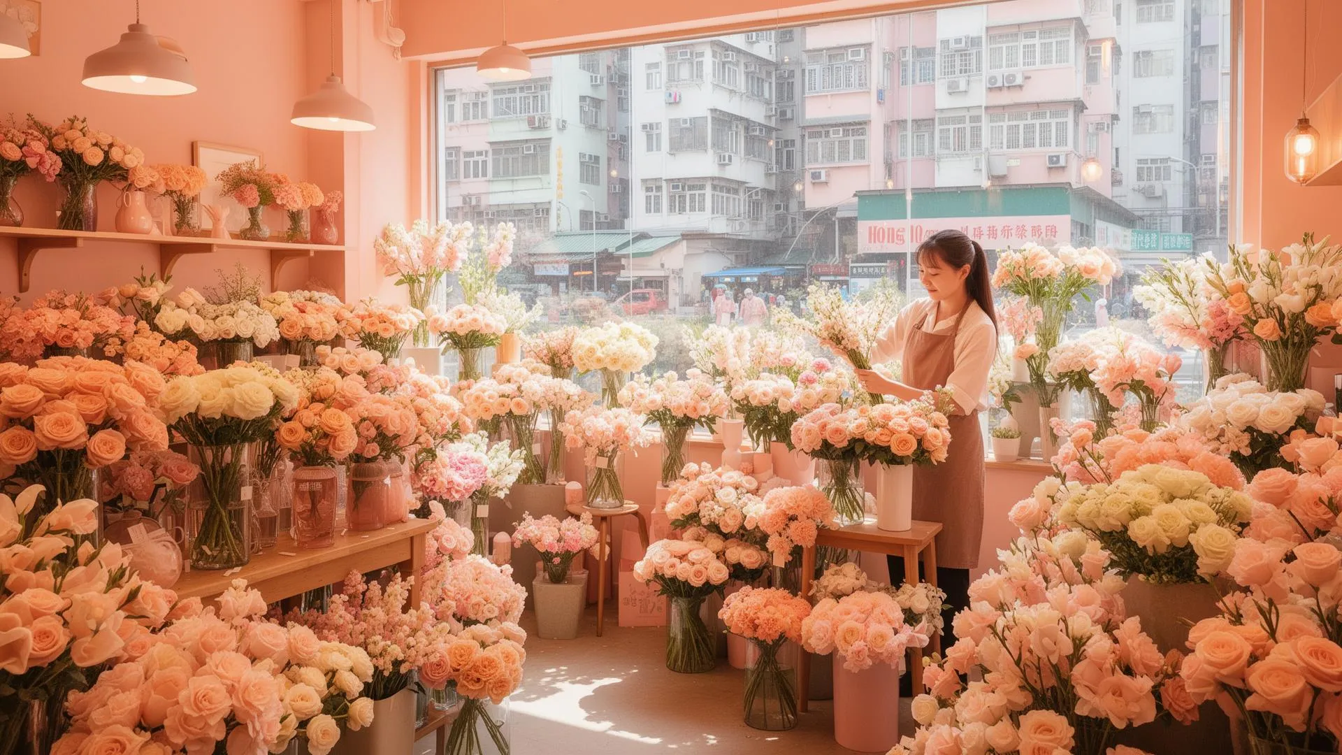 A MariasFlower florist arranging peach and blush roses in a sunlit boutique flower shop overlooking a Hong Kong street