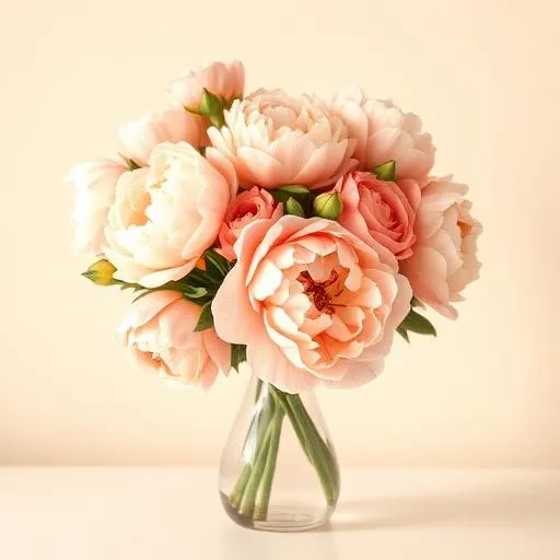 Peach Peony Dream: peach peonies and coral roses gathered in a clear glass vase, for flower delivery in Hong Kong Island