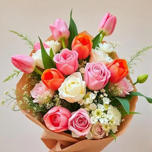 Spring Tulip Mix: pink and orange tulips with roses and small white blooms, by MariasFlower Hong Kong