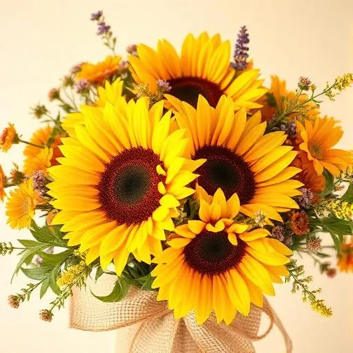 Sunny Sunflowers: sunflowers and wildflowers finished with a hessian bow, by MariasFlower Hong Kong