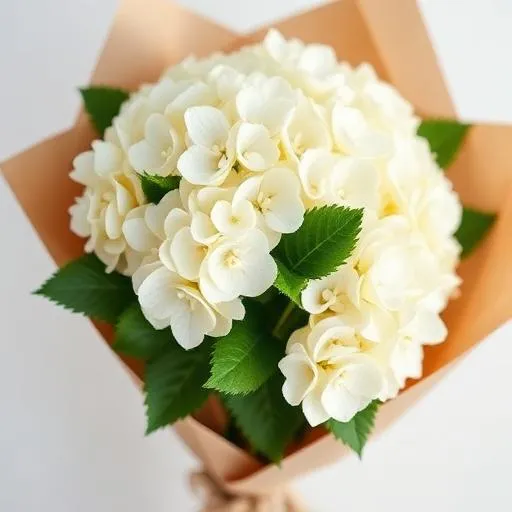 White Hydrangea: full white hydrangea heads in peach wrapping, for flower delivery in Kowloon